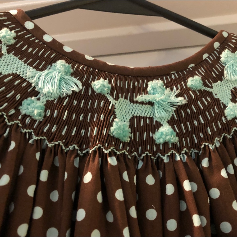 Brown/Lt Blue Polka dot Embroidered Poodle Dress